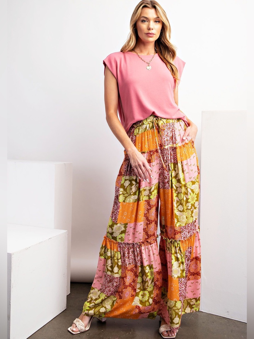 Easel Boho Patchwork Floral Tiered Wide Leg Palazzo Pants Peach Avocado Small